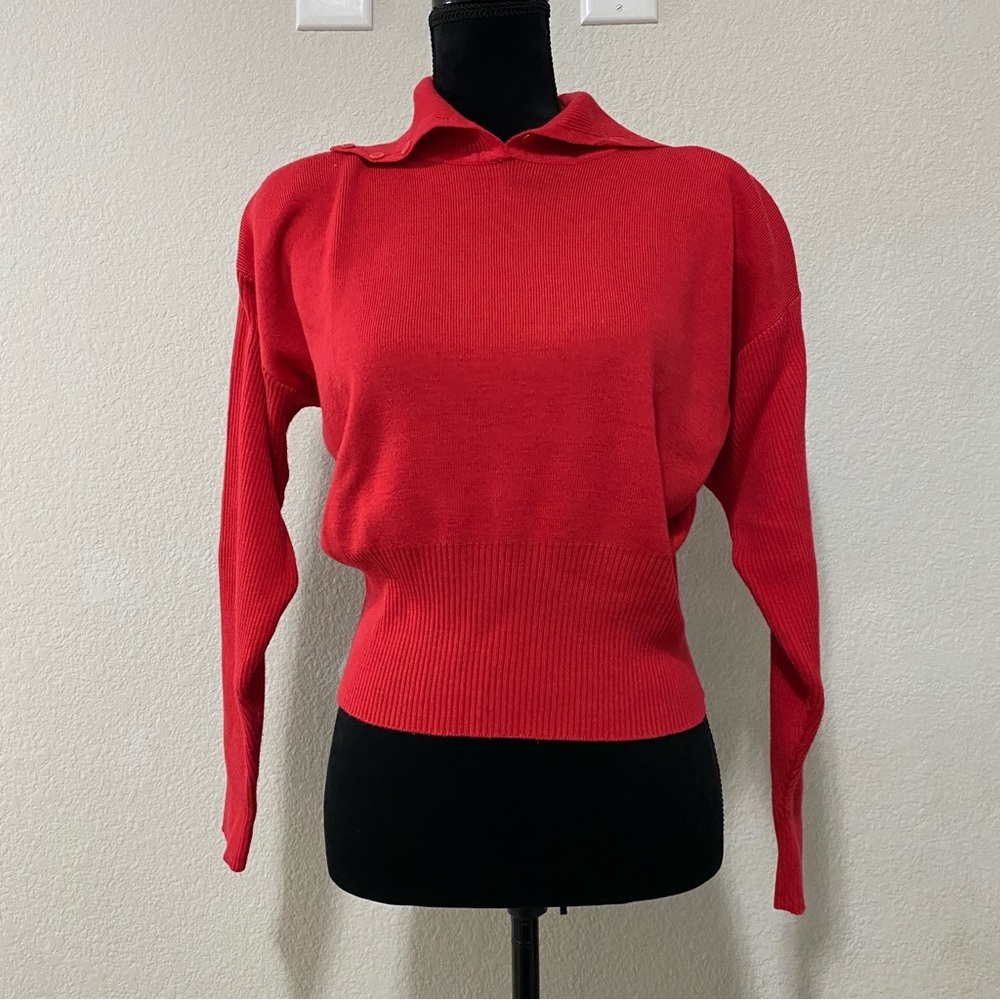 Vintage‎ Nils Red Turtleneck Button Sweater, Wool Blend, Shoulder Pads, Small